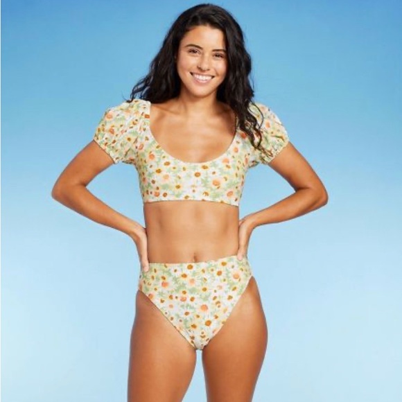 NWT WILD FABLE WOMENS BIKINI TOP PUFF SLEEVE GREEN FLOWER PRINT - Picture 7 of 7